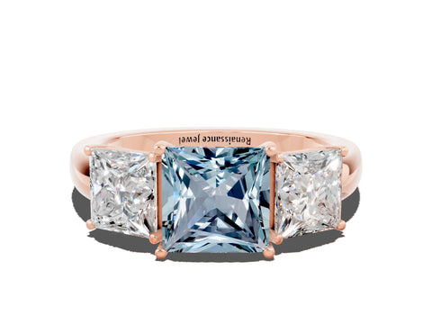Rose gold Princess Cut Aquamarine Three-Stone Ring with Four-Prong Setting and Classic Band