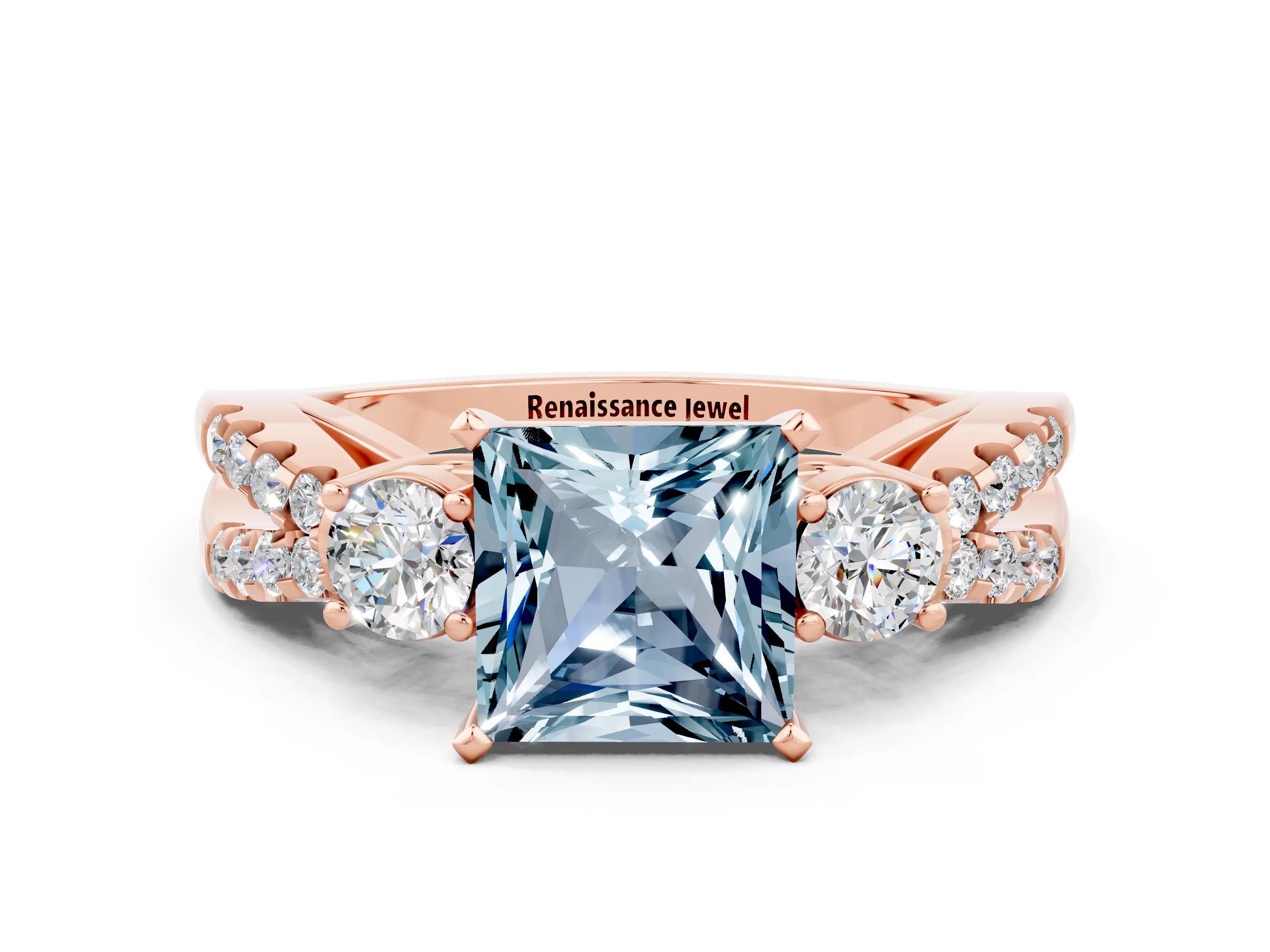 Rose gold Princess Cut Aquamarine Three-Stone Ring with Pavé Split Shank and Four-Prong Setting_12