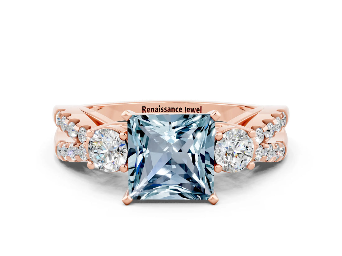 Rose gold Princess Cut Aquamarine Three-Stone Ring with Pavé Split Shank and Four-Prong Setting_12