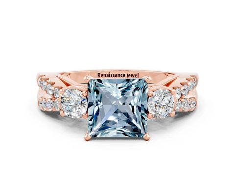 Rose gold Princess Cut Aquamarine Three-Stone Ring with Pavé Split Shank and Four-Prong Setting_12