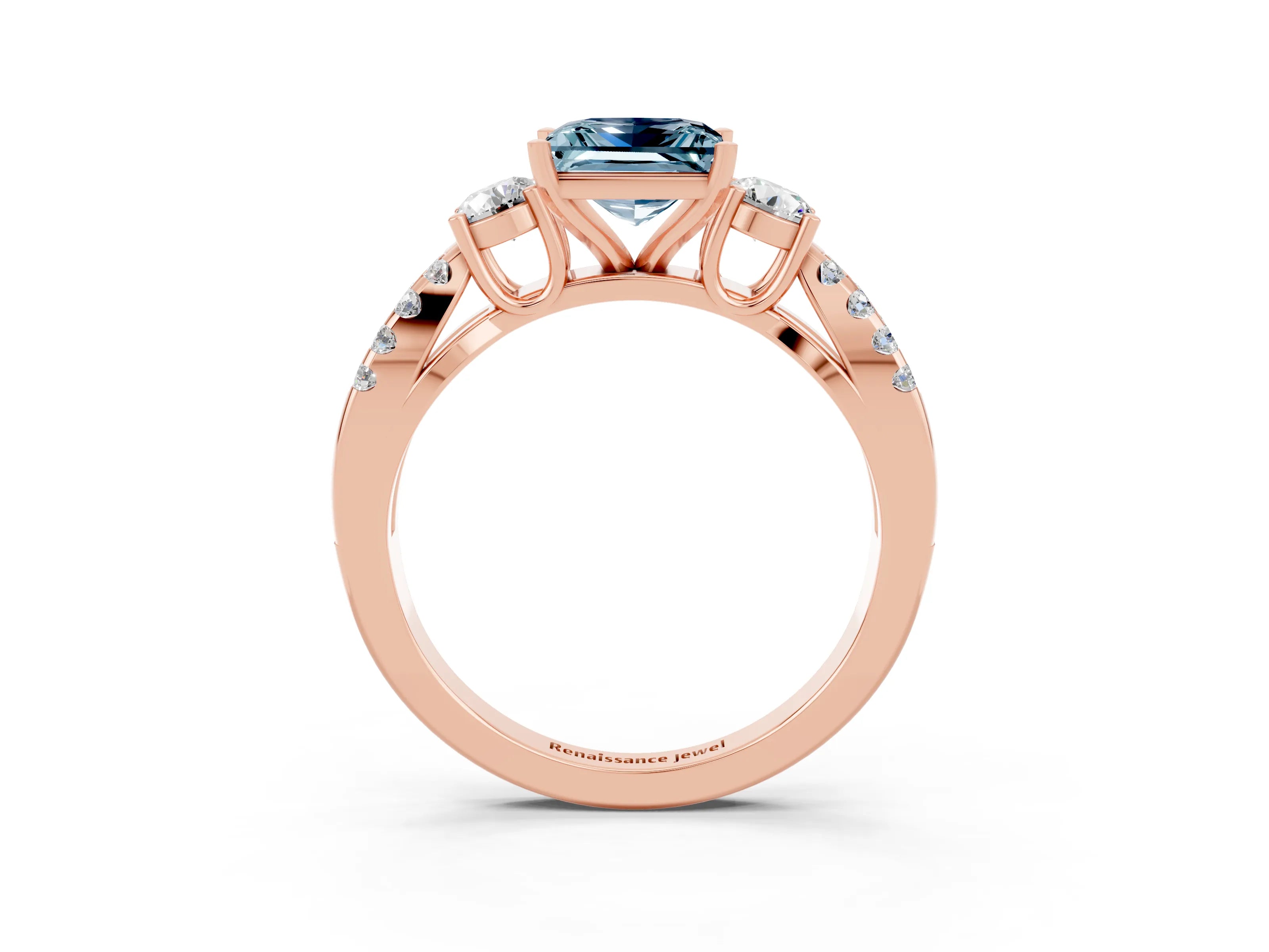 Rose gold Princess Cut Aquamarine Three-Stone Ring with Pavé Split Shank and Four-Prong Setting_15