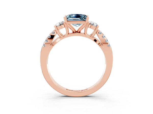 Rose gold Princess Cut Aquamarine Three-Stone Ring with Pavé Split Shank and Four-Prong Setting