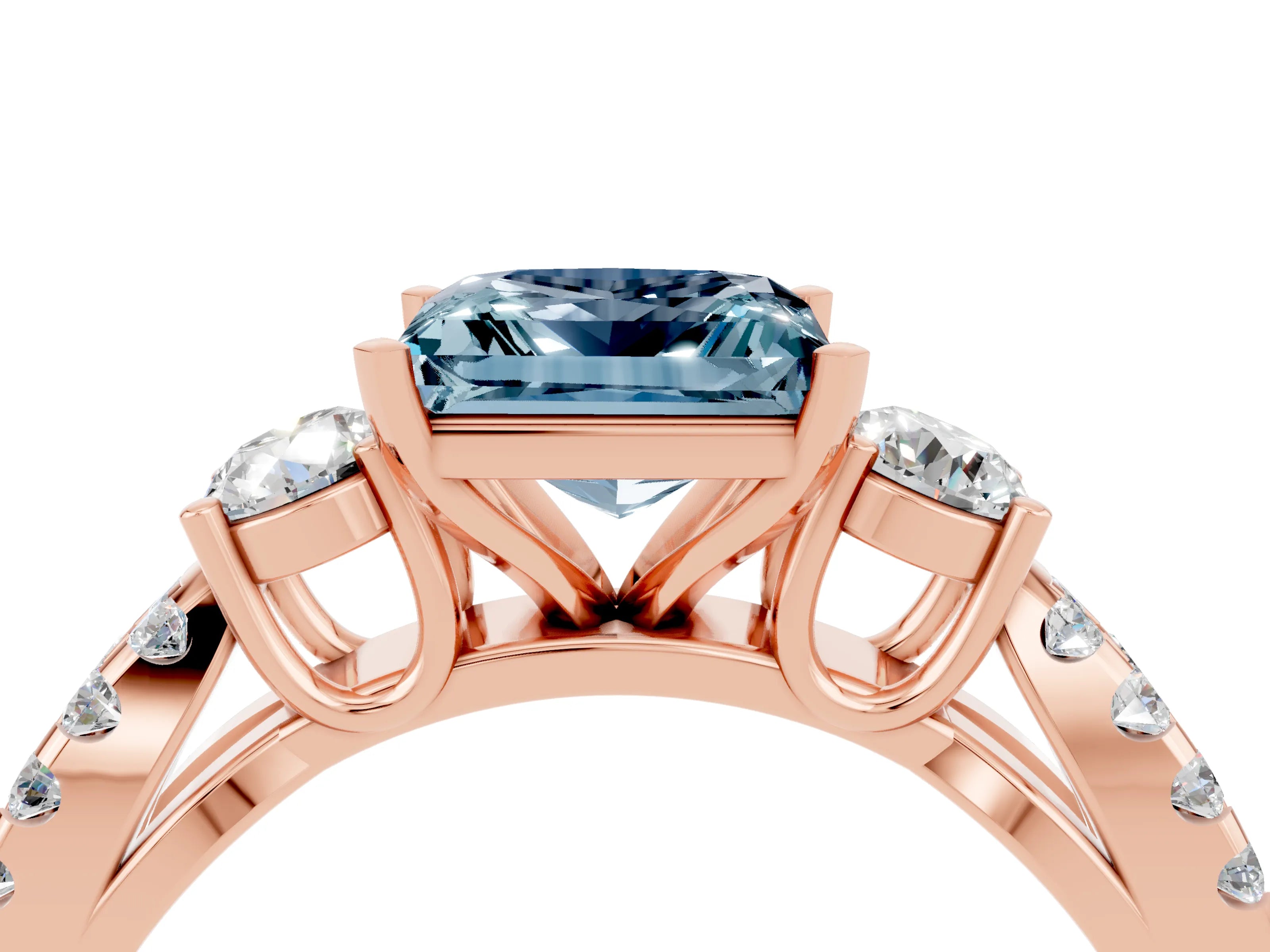 Rose gold Princess Cut Aquamarine Three-Stone Ring with Pavé Split Shank and Four-Prong Setting_16
