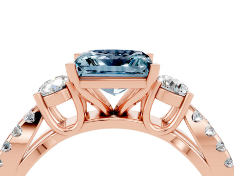 Rose gold Princess Cut Aquamarine Three-Stone Ring with Pavé Split Shank and Four-Prong Setting_16
