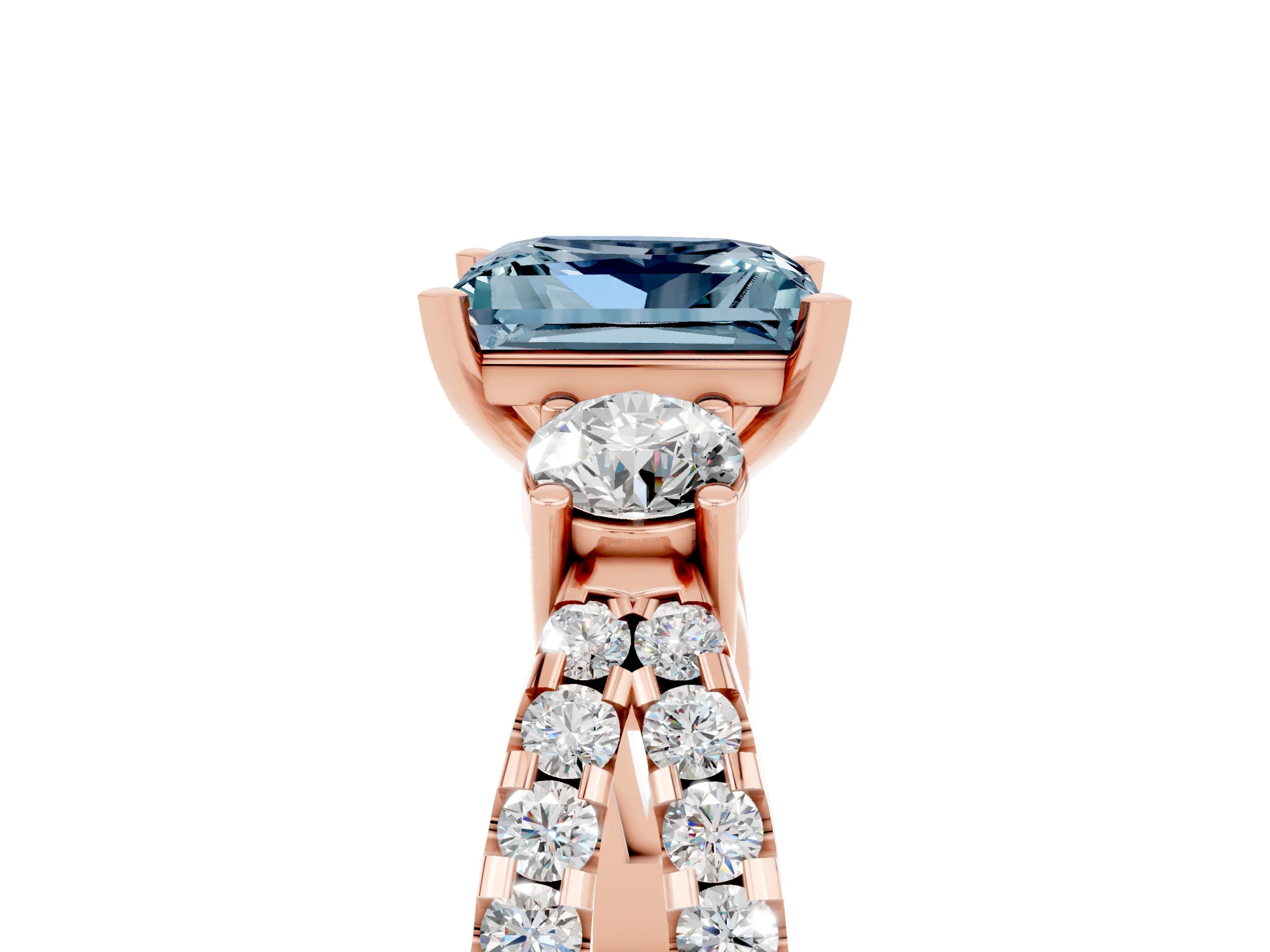 Rose gold Princess Cut Aquamarine Three-Stone Ring with Pavé Split Shank and Four-Prong Setting_17