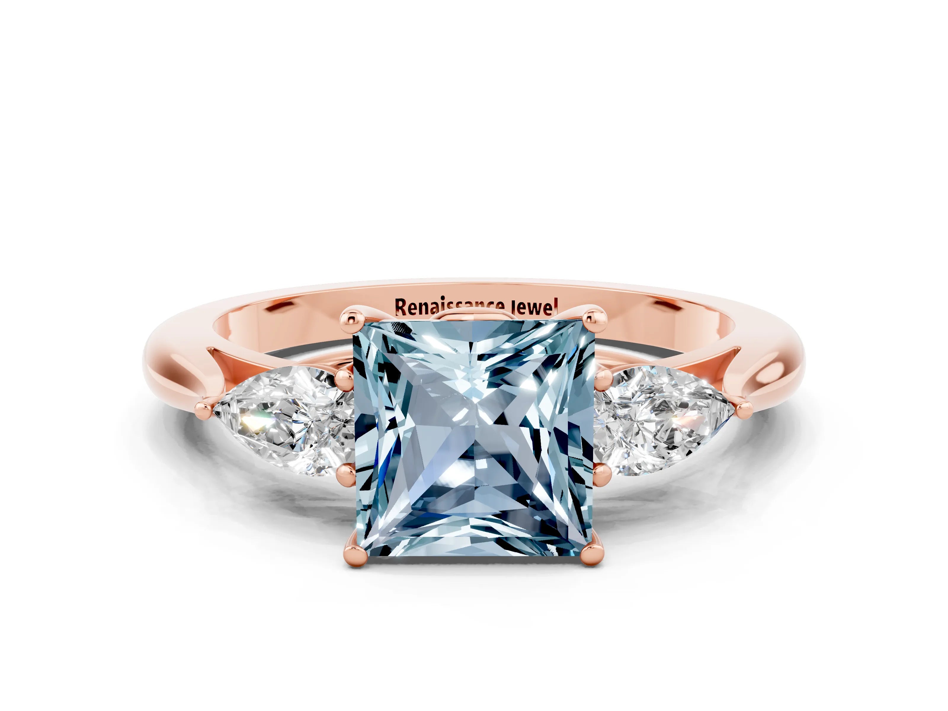 Rose gold Princess Cut Aquamarine Three-Stone Ring with Pear Side Stones and Four-Prong Setting_12