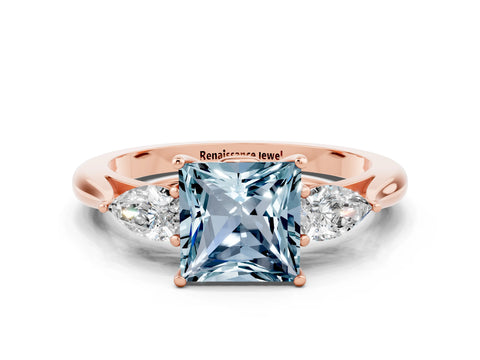 Rose gold Princess Cut Aquamarine Three-Stone Ring with Pear Side Stones and Four-Prong Setting_12