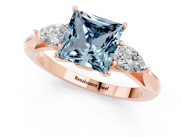Rose gold Princess Cut Aquamarine Three-Stone Ring with Pear  Side Stones and Prong Setting