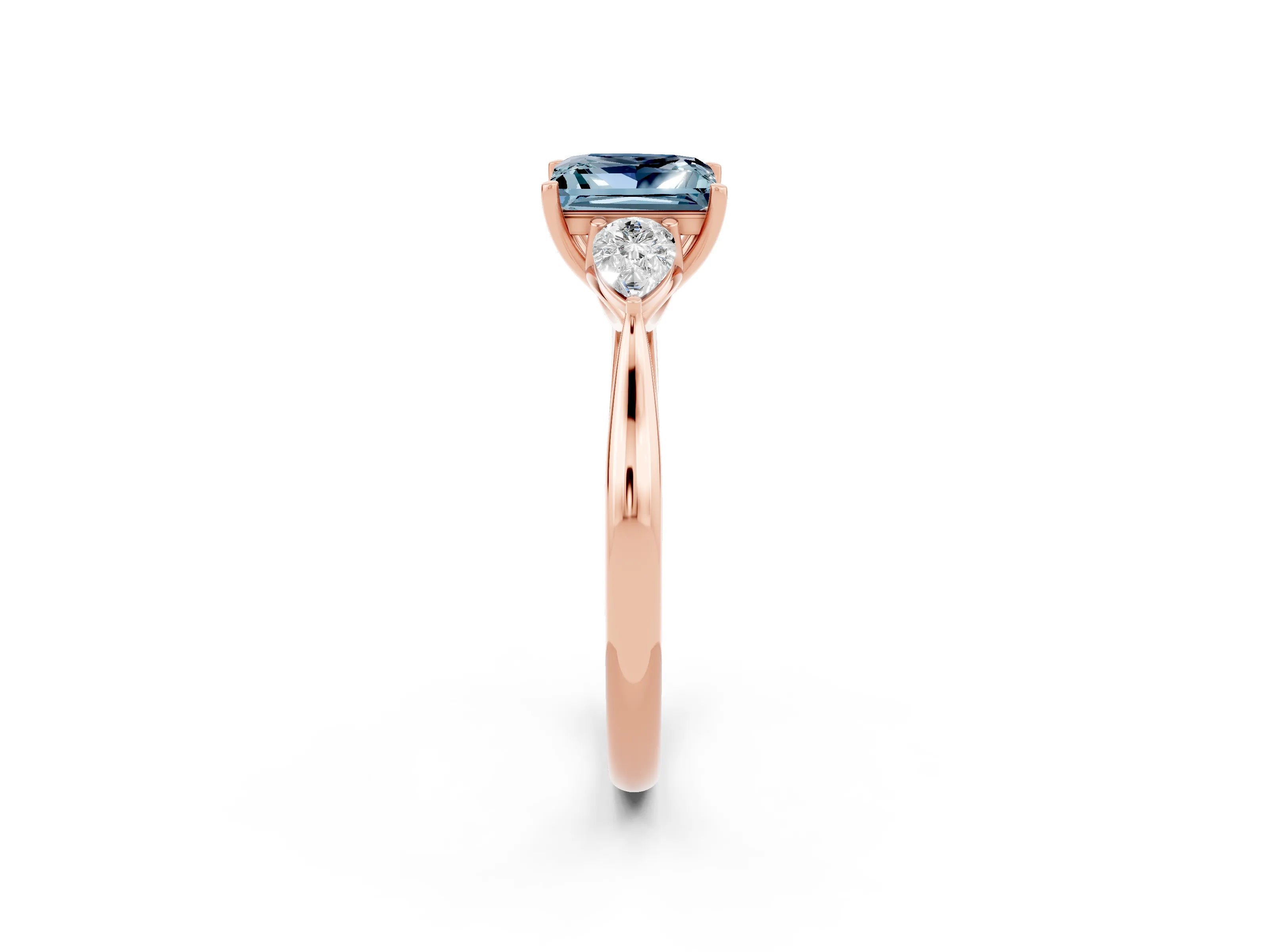 Rose gold Princess Cut Aquamarine Three-Stone Ring with Pear Side Stones and Four-Prong Setting_14