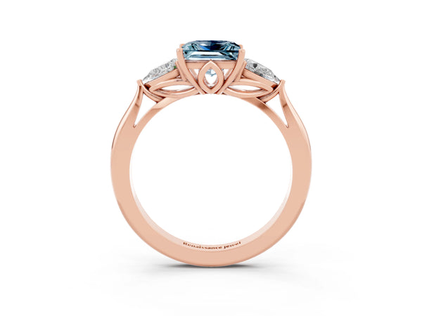 Rose gold Princess Cut Aquamarine Three-Stone Ring with Pear  Side Stones and Prong Setting