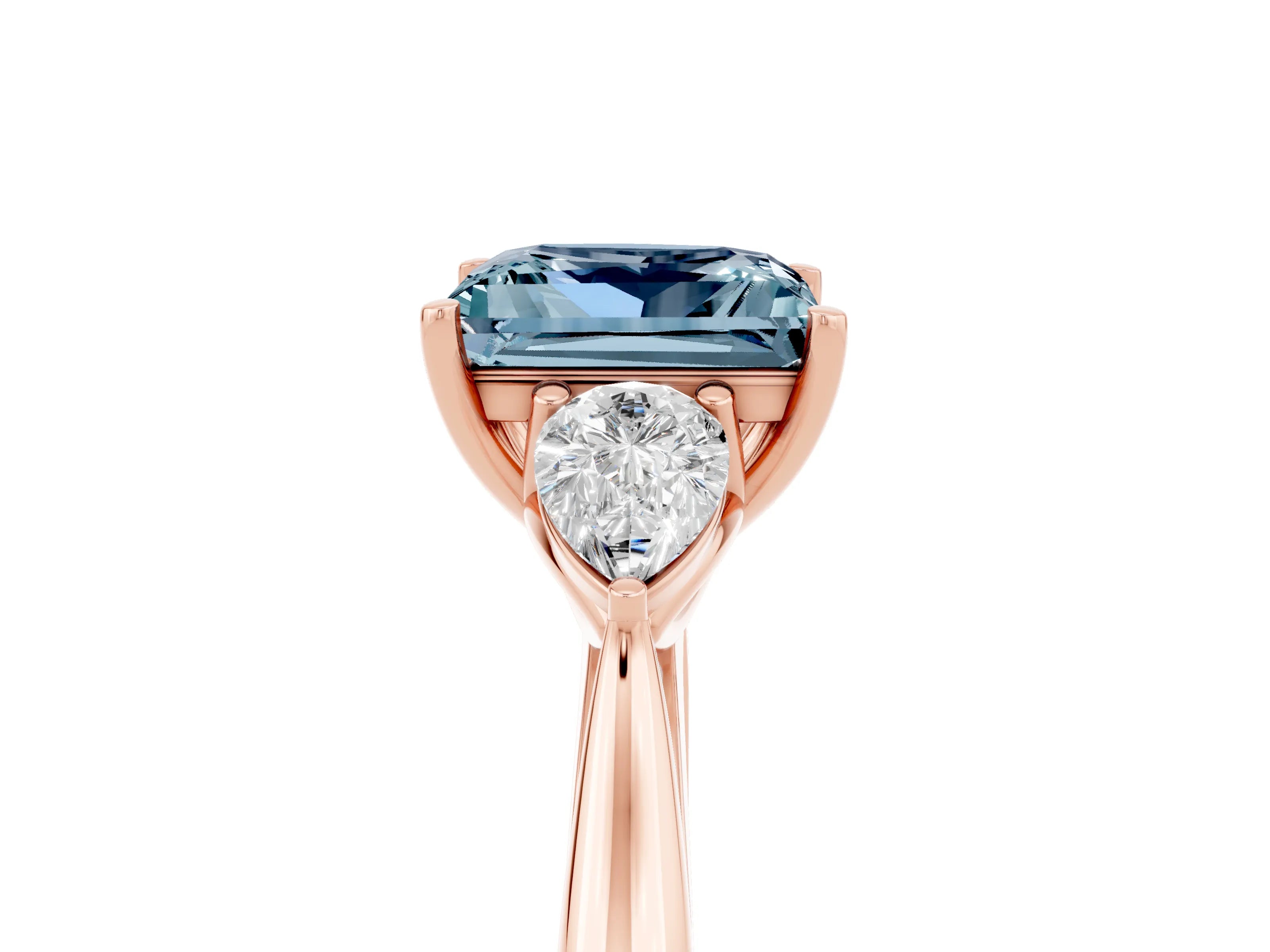 Rose gold Princess Cut Aquamarine Three-Stone Ring with Pear Side Stones and Four-Prong Setting_17