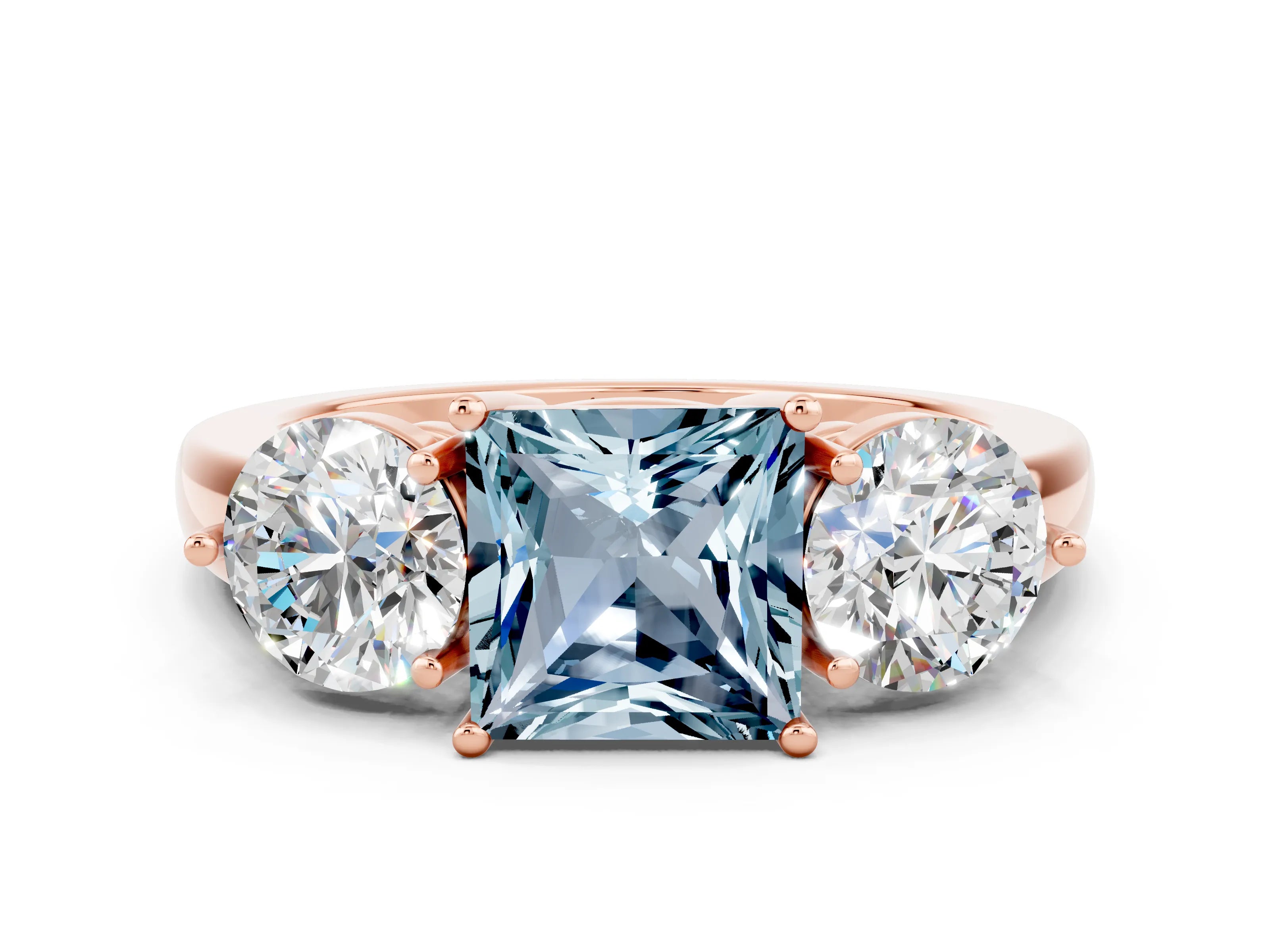 Rose gold Princess Cut Aquamarine Three-Stone Ring with Prong Setting and Classic Band