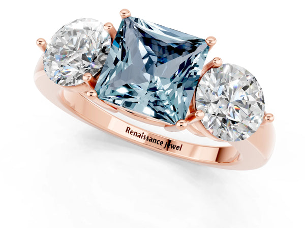 Rose gold Princess Cut Aquamarine Three-Stone Ring with Prong Setting and Classic Band