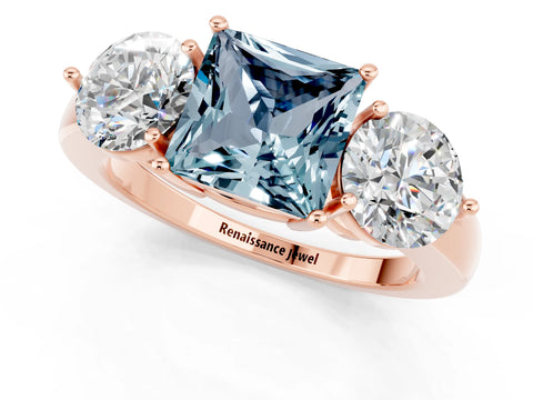 Rose gold Princess Cut Aquamarine Three-Stone Ring with Prong Setting and Classic Band_1