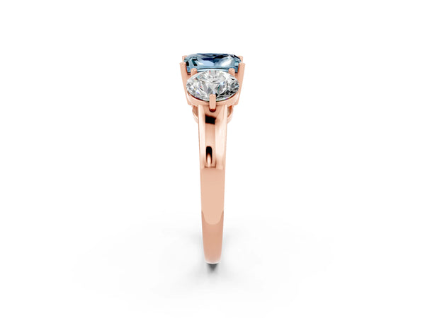 Rose gold Princess Cut Aquamarine Three-Stone Ring with Prong Setting and Classic Band