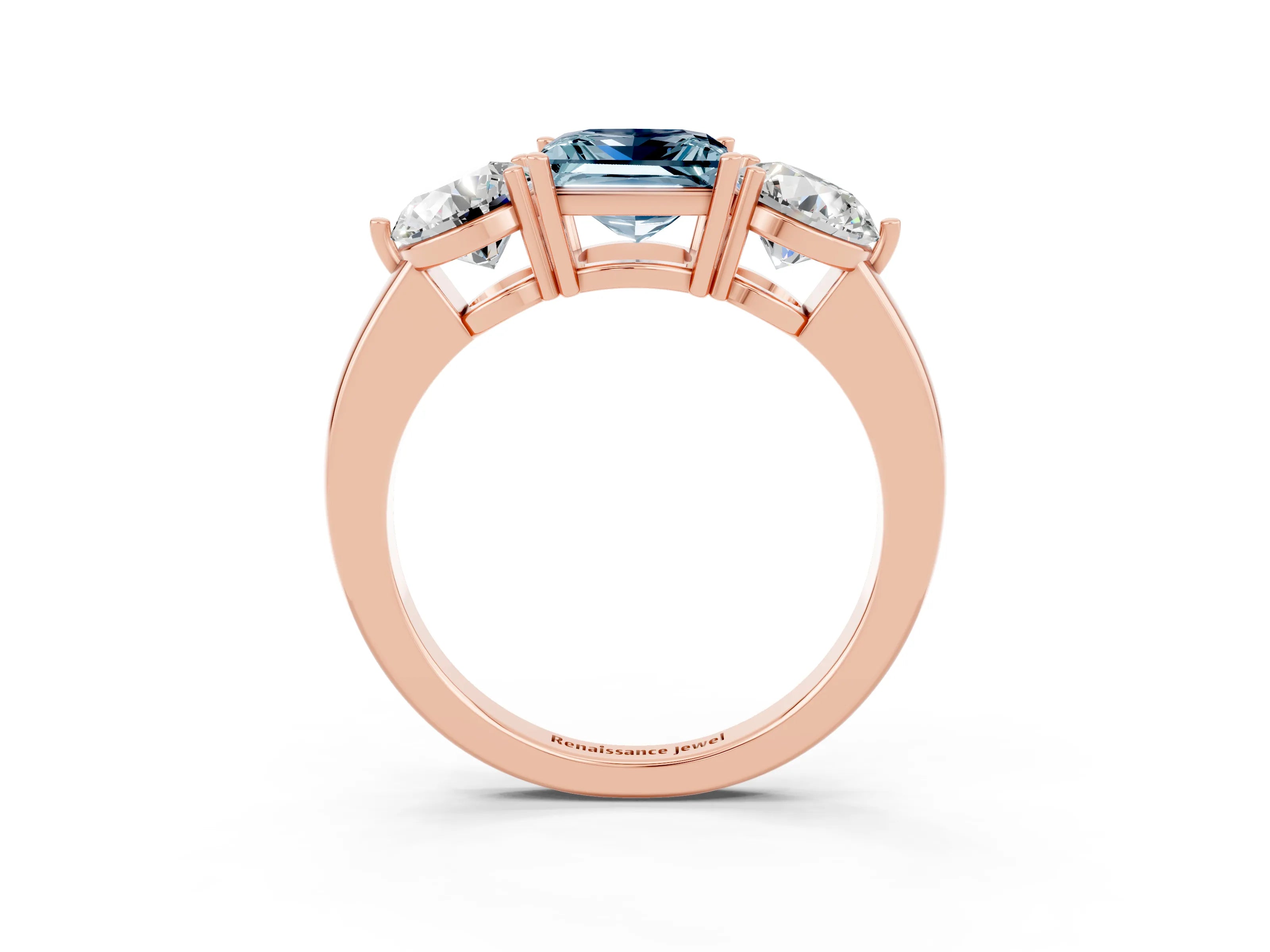 Rose gold Princess Cut Aquamarine Three-Stone Ring with Prong Setting and Classic Band_3
