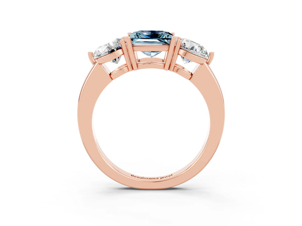 Rose gold Princess Cut Aquamarine Three-Stone Ring with Prong Setting and Classic Band