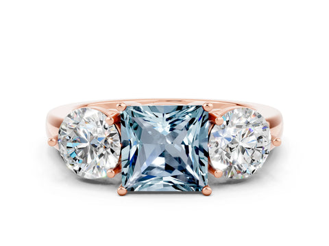 Rose gold Princess Cut Aquamarine Three-Stone Ring with Prong Setting and Classic Band
