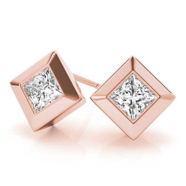 Rose gold Princess Cut Bezel Set Diamond Stud Earrings 1