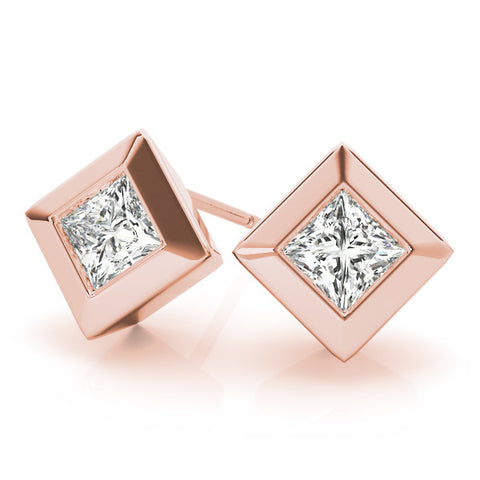 Rose gold Princess Cut Bezel Set Diamond Stud Earrings 1