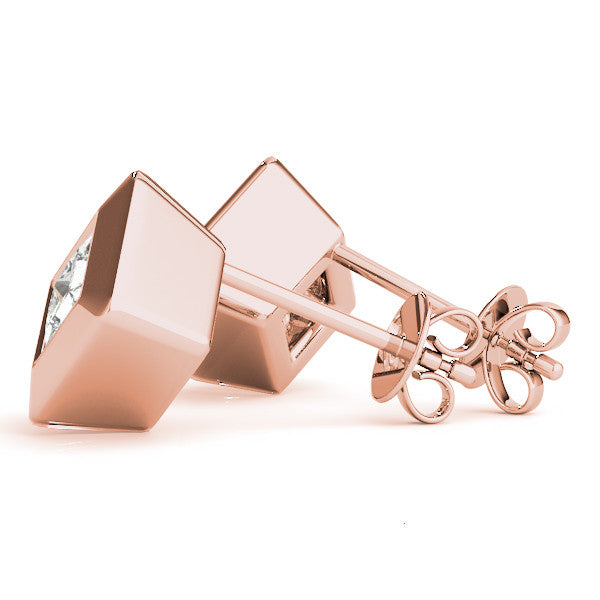 Rose gold Princess Cut Bezel Set Diamond Stud Earrings 2