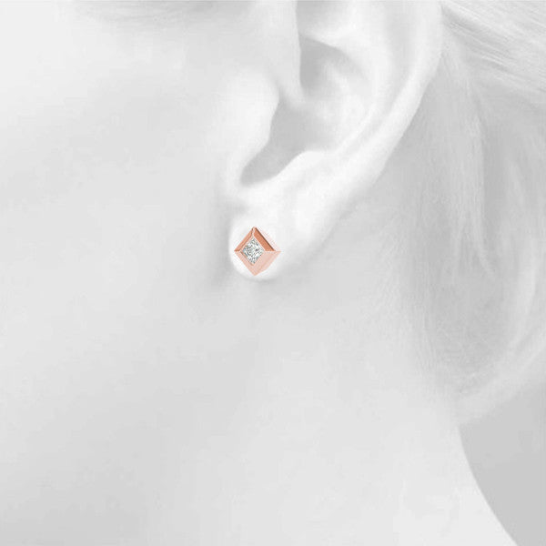 Rose gold Princess Cut Bezel Set Diamond Stud Earrings 4