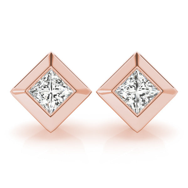 Rose gold Princess Cut Bezel Set Diamond Stud Earrings