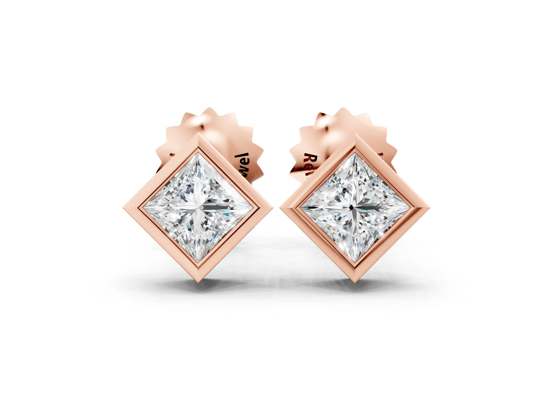 Rose gold Princess Cut Bezel Set Diamond Stud Earrings_16