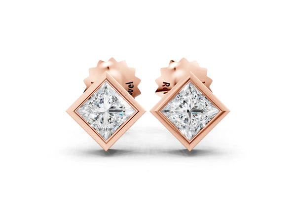 Rose gold Princess Cut Bezel Set Diamond Stud Earrings