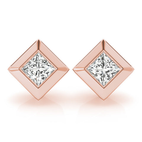 Rose gold Princess Cut Bezel Set Diamond Stud Earrings