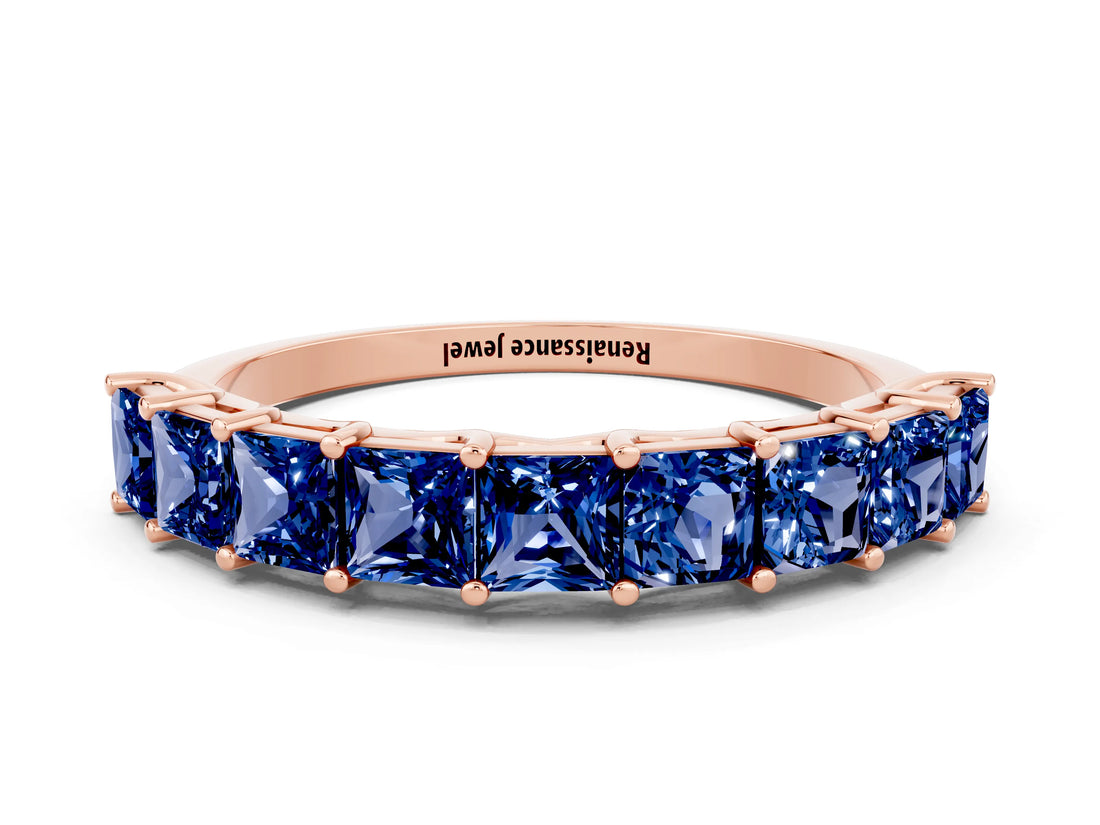 Rose gold Princess Cut Blue Sapphire Channel-Set Eternity Band with Prong Setting_6