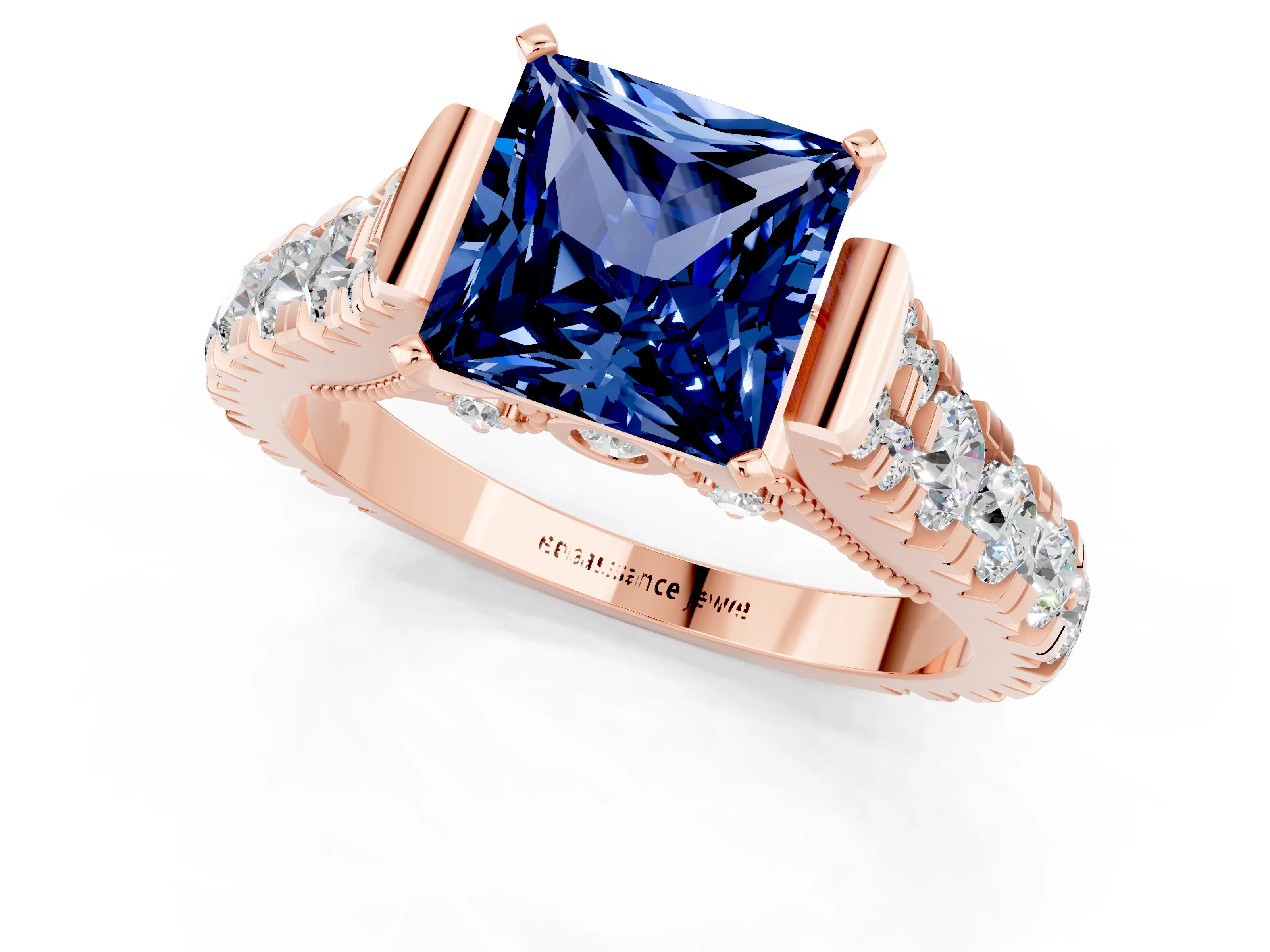 Rose gold Princess Cut Blue Sapphire Classic Solitaire Ring with Pavé Band and Four-Prong Setting_1