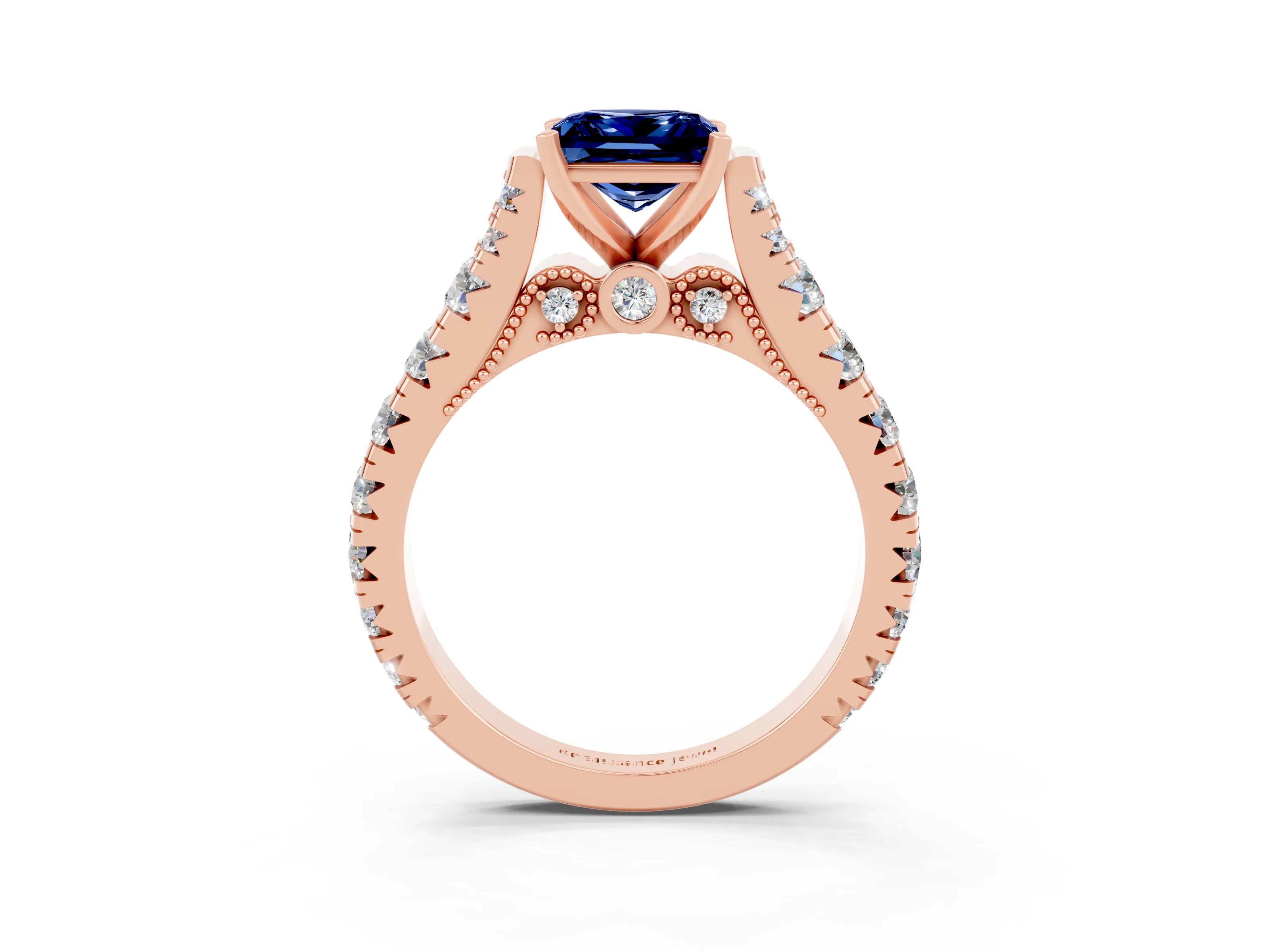 Rose gold Princess Cut Blue Sapphire Classic Solitaire Ring with Pavé Band and Four-Prong Setting_3