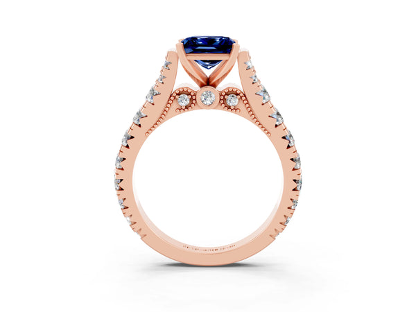 Rose gold Princess Cut Blue Sapphire Classic Solitaire Ring with Pavé Band and Four-Prong Setting
