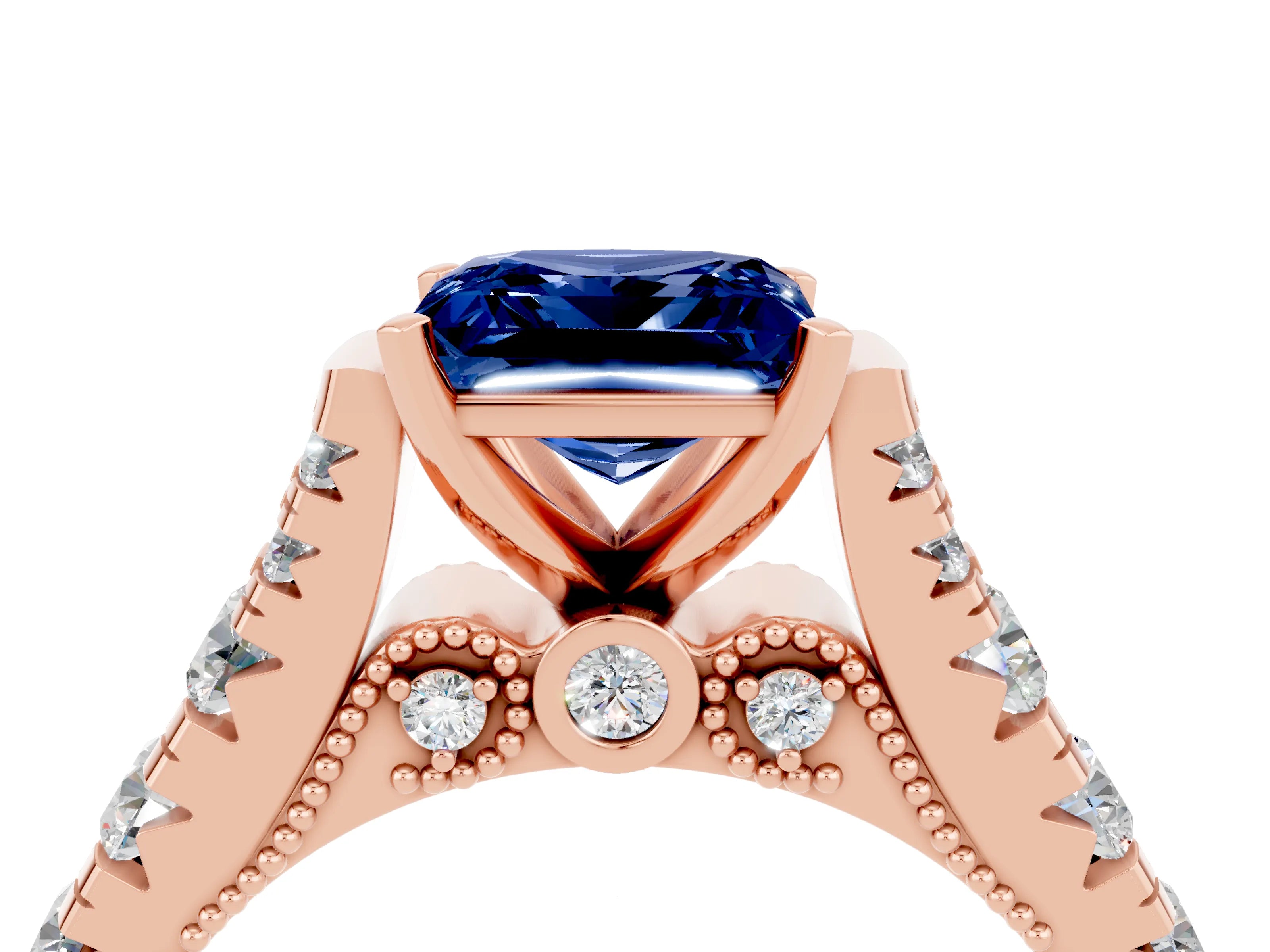 Rose gold Princess Cut Blue Sapphire Classic Solitaire Ring with Pavé Band and Four-Prong Setting_4