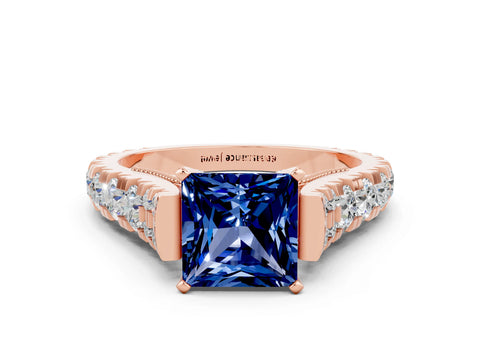 Rose gold Princess Cut Blue Sapphire Classic Solitaire Ring with Pavé Band and Four-Prong Setting