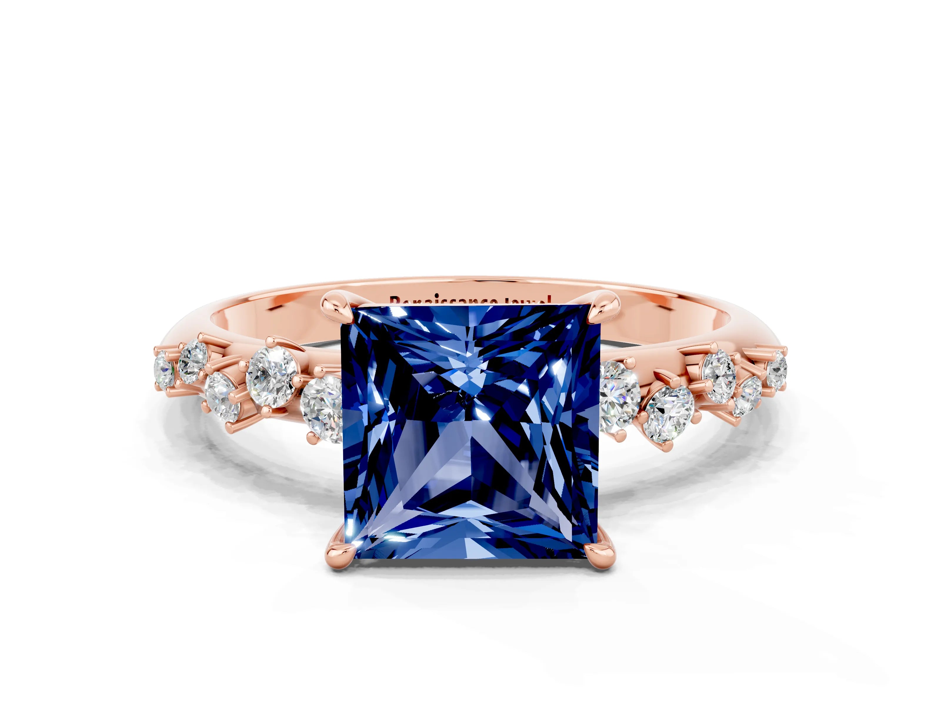 Rose gold Princess Cut Blue Sapphire Cluster Side Stone Solitaire Ring with Prong Setting_24