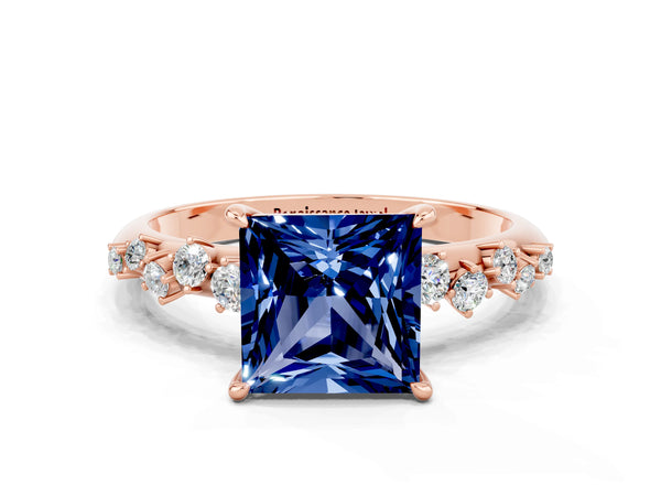 Rose gold Princess Cut Blue Sapphire Cluster Side Stone Solitaire Ring with Prong Setting