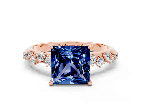 Rose gold Princess Cut Blue Sapphire Cluster Side Stone Solitaire Ring with Prong Setting_24