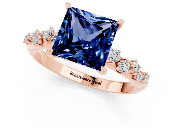 Rose gold Princess Cut Blue Sapphire Cluster Side Stone Solitaire Ring with Prong Setting