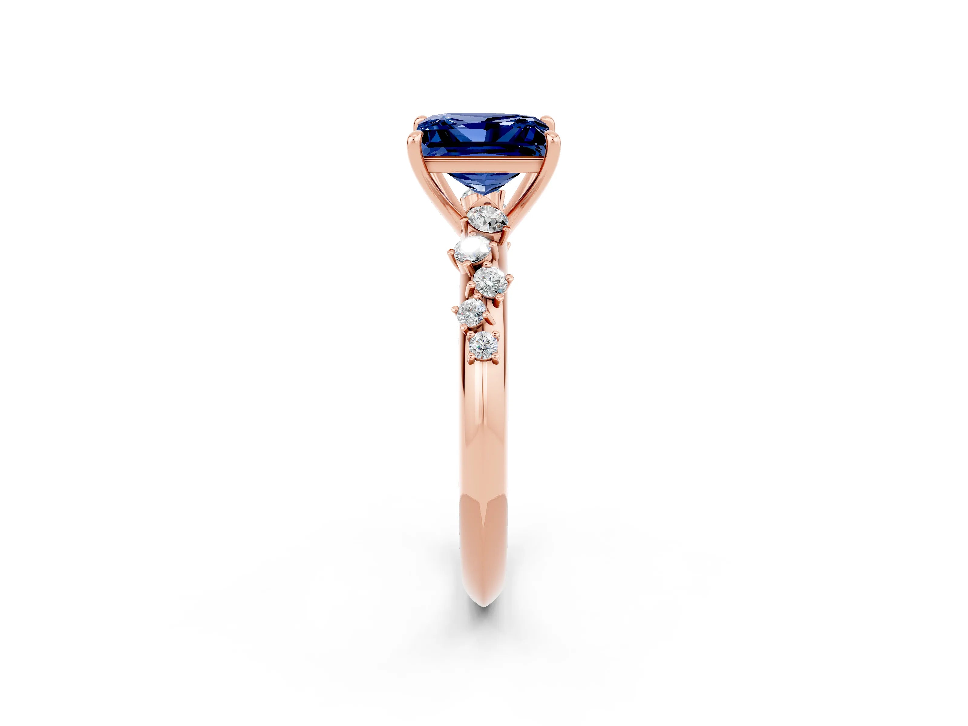 Rose gold Princess Cut Blue Sapphire Cluster Side Stone Solitaire Ring with Prong Setting_26
