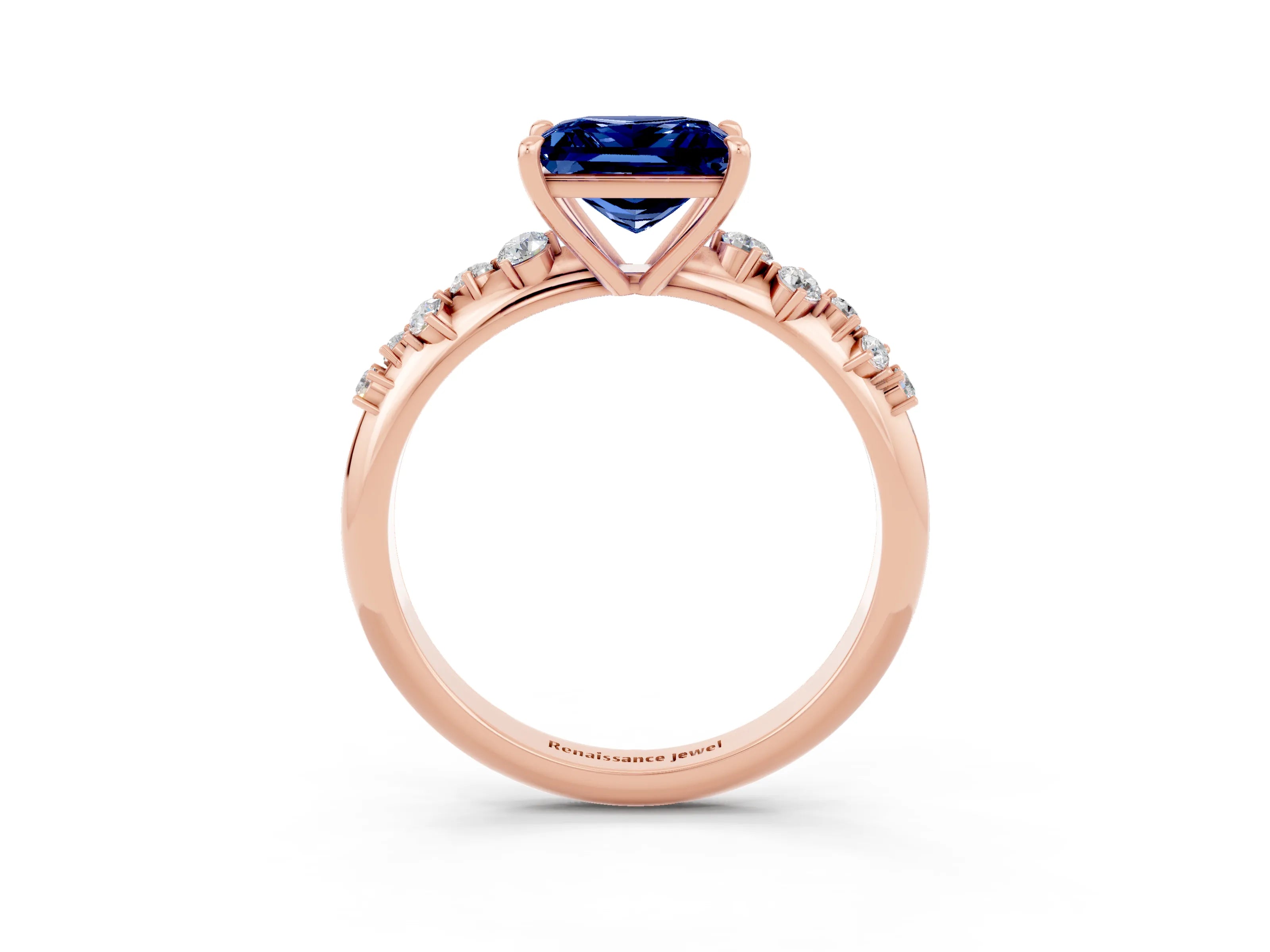 Rose gold Princess Cut Blue Sapphire Cluster Side Stone Solitaire Ring with Prong Setting_27