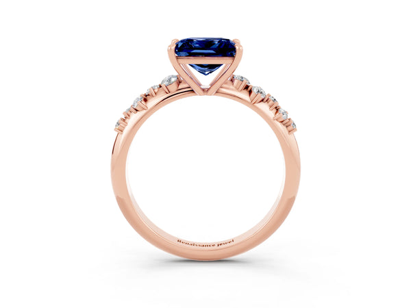 Rose gold Princess Cut Blue Sapphire Cluster Side Stone Solitaire Ring with Prong Setting