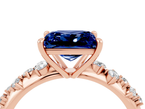 Rose gold Princess Cut Blue Sapphire Cluster Side Stone Solitaire Ring with Prong Setting_28