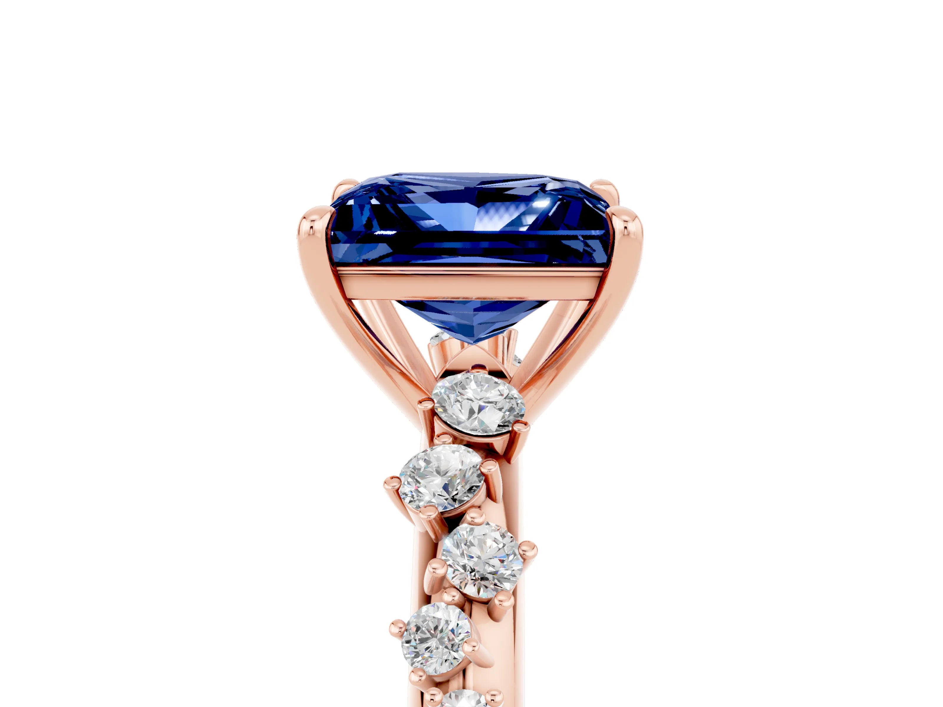 Rose gold Princess Cut Blue Sapphire Cluster Side Stone Solitaire Ring with Prong Setting_29