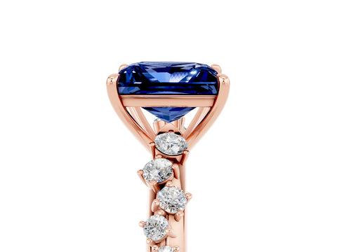 Rose gold Princess Cut Blue Sapphire Cluster Side Stone Solitaire Ring with Prong Setting_29