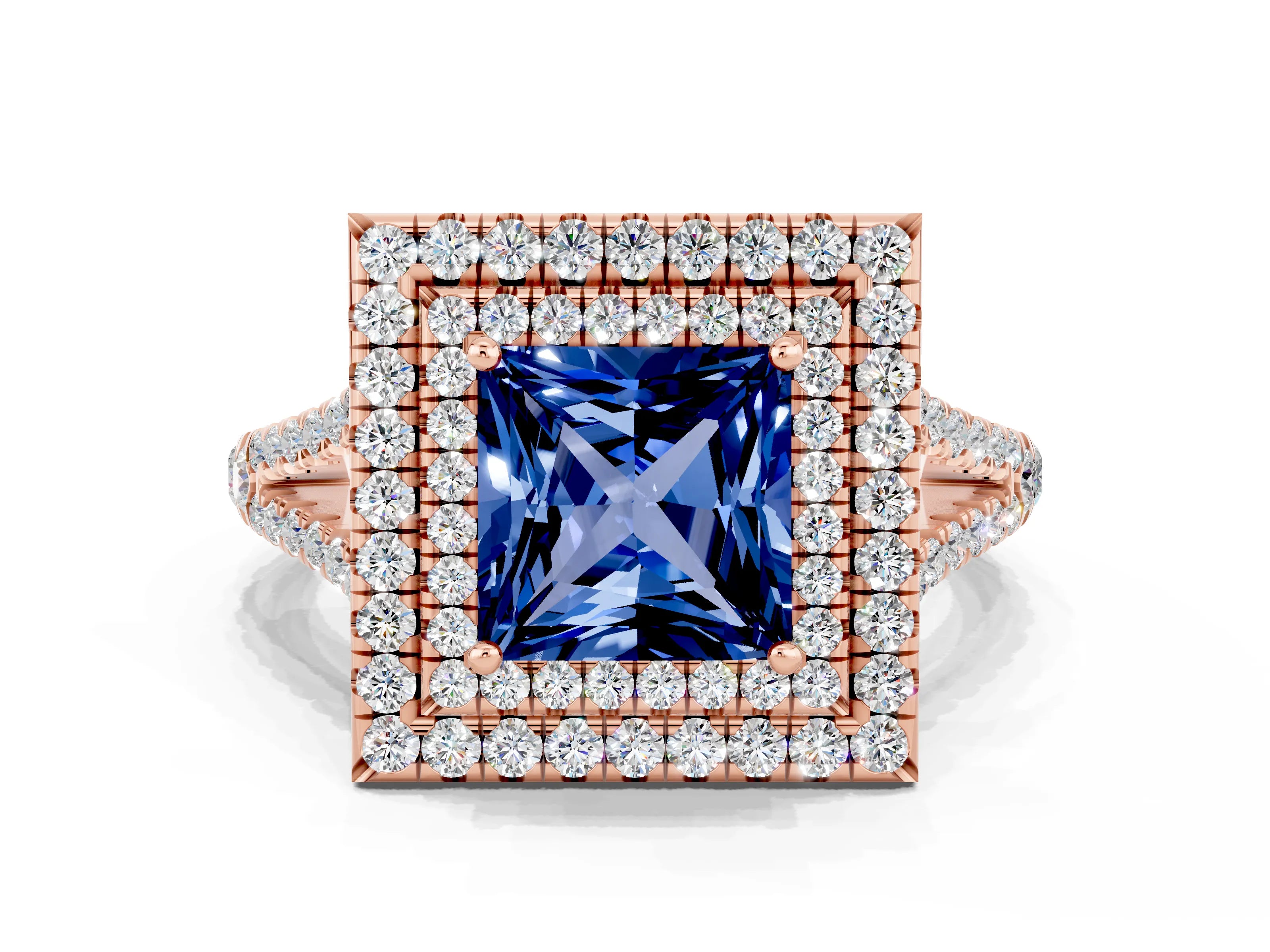 Rose gold Princess Cut Blue Sapphire Double Halo Ring with Pavé Band and Prong Setting_12