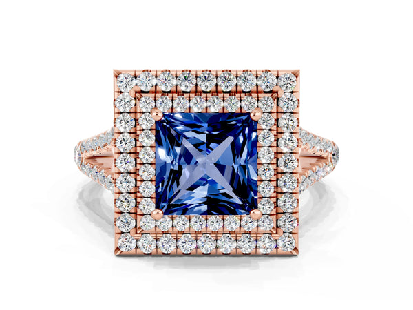 Rose gold Princess Cut Blue Sapphire Double Halo Ring with Pavé Band and Prong Setting