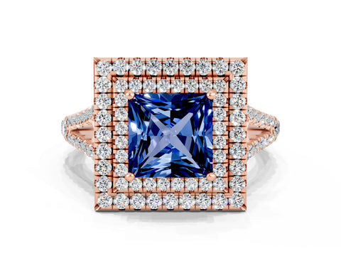Rose gold Princess Cut Blue Sapphire Double Halo Ring with Pavé Band and Prong Setting_12