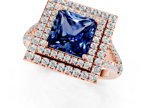 Rose gold Princess Cut Blue Sapphire Double Halo Ring with Pavé Band and Prong Setting_13